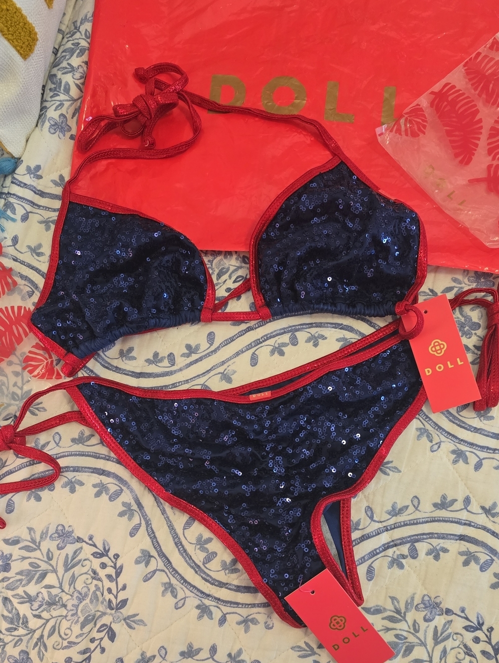 Doll Swimwear Sequin Navy Triangle Bikini w/ Red Trim Sequin Scrunch Bottoms Set